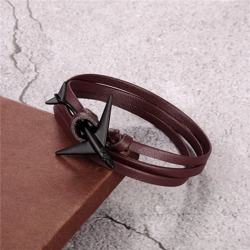 Sky Voyager Leather Bracelet Airplane & Anchor Multilayer Wrap
