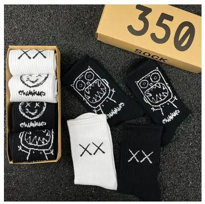 Japanese Cotton Hip Hop Socks - Cartoon Pattern (4 Pairs)