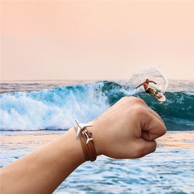 Sky Voyager Leather Bracelet Airplane & Anchor Multilayer Wrap