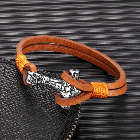 Viking Thor Mjolnir Leather Bracelet – Double-Layer Steel Charm | Norse Mythology