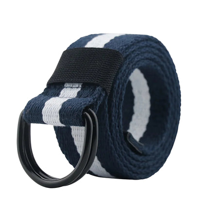 Navy blue and white striped belt with a black buckle on a white background