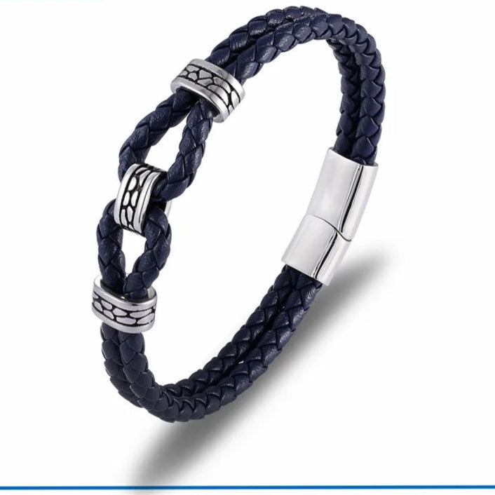 Black Braided Leather Bracelet Multilayer Stainless Steel Design