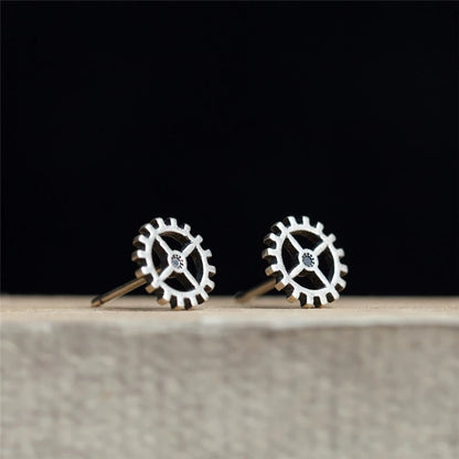 Unisex Steampunk Gear Stud Earrings 925 Sterling Silver Punk Rock Jewelry