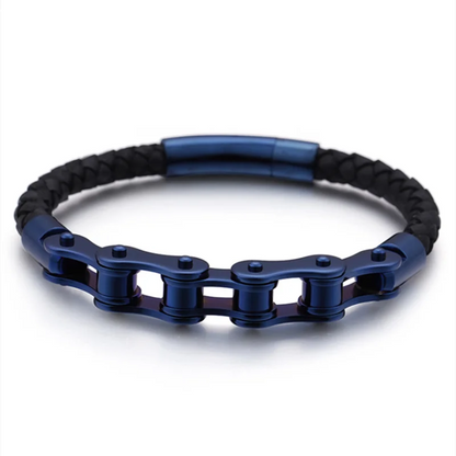 Biker Ghost Rider Bracelet Frosted Steel Chain with Leather Accent