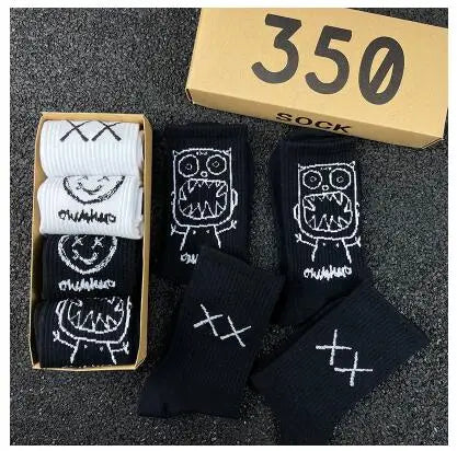 Japanese Cotton Hip Hop Socks - Cartoon Pattern (4 Pairs)