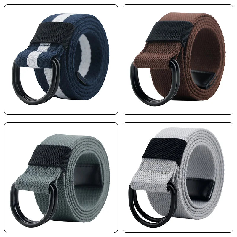 Four different colored belts with black buckles on a white background