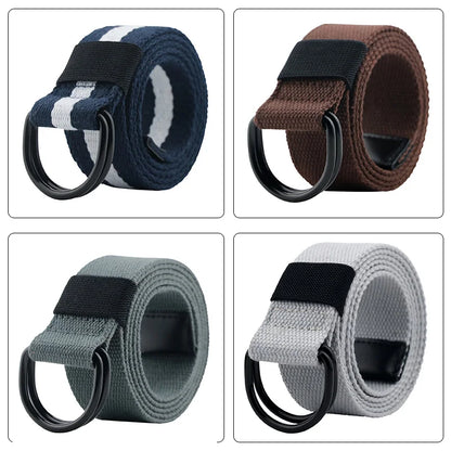 Four different colored belts with black buckles on a white background