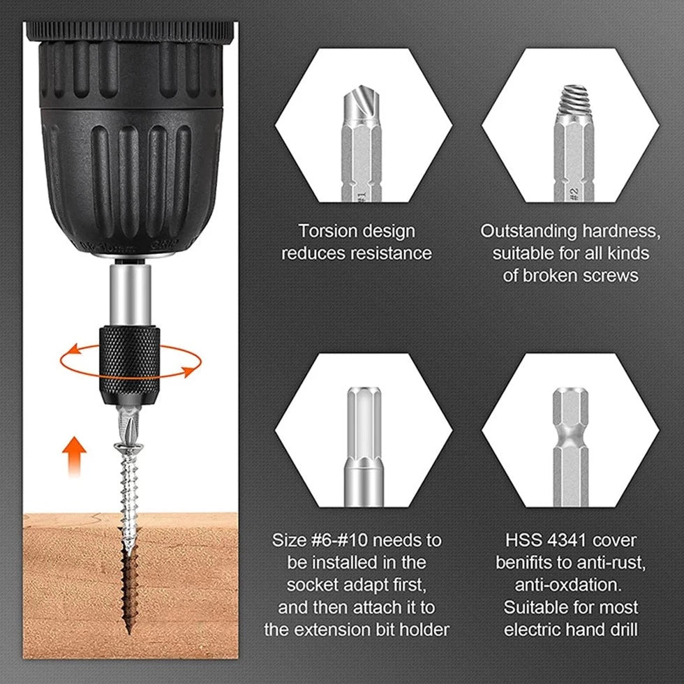 Kit de extracción de tornillos rotos con broca alargadora para todos los usos