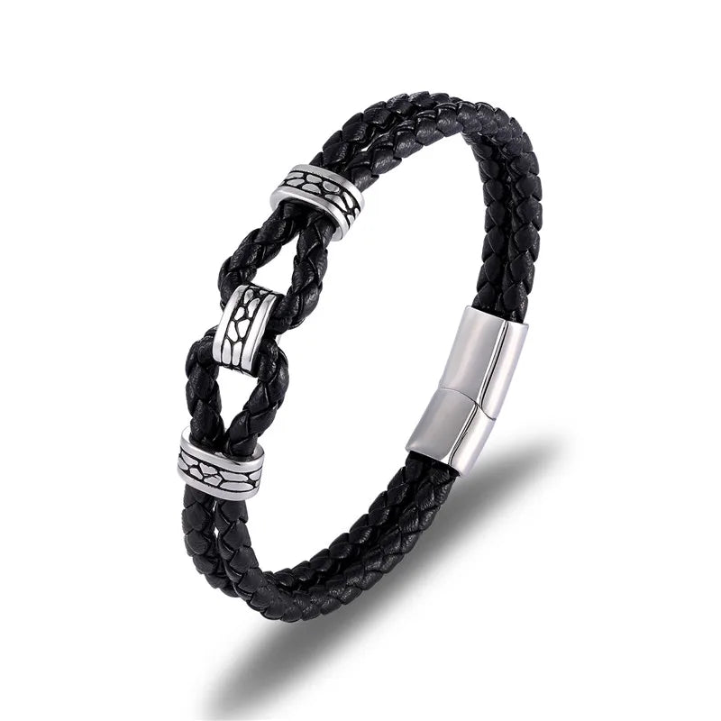 Black Braided Leather Bracelet Multilayer Stainless Steel Design