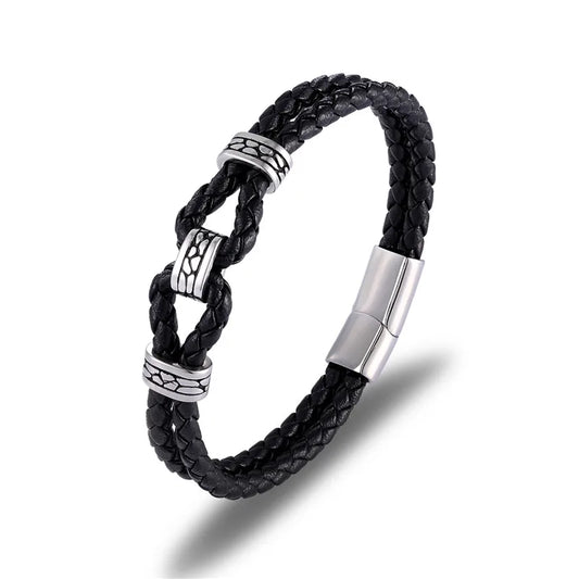 Black Braided Leather Bracelet Multilayer Stainless Steel Design