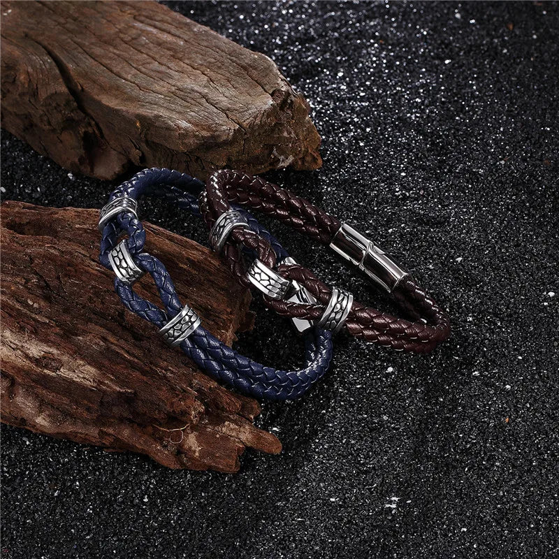 Black Braided Leather Bracelet Multilayer Stainless Steel Design