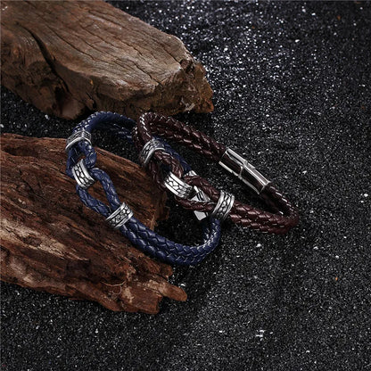 Black Braided Leather Bracelet Multilayer Stainless Steel Design