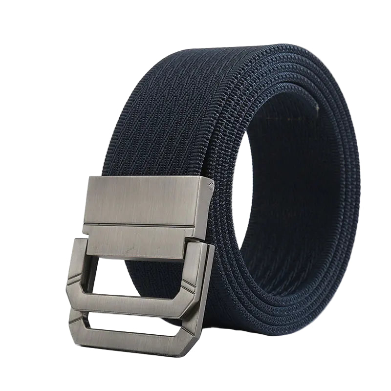 Navy blue belt with a silver buckle on a white background