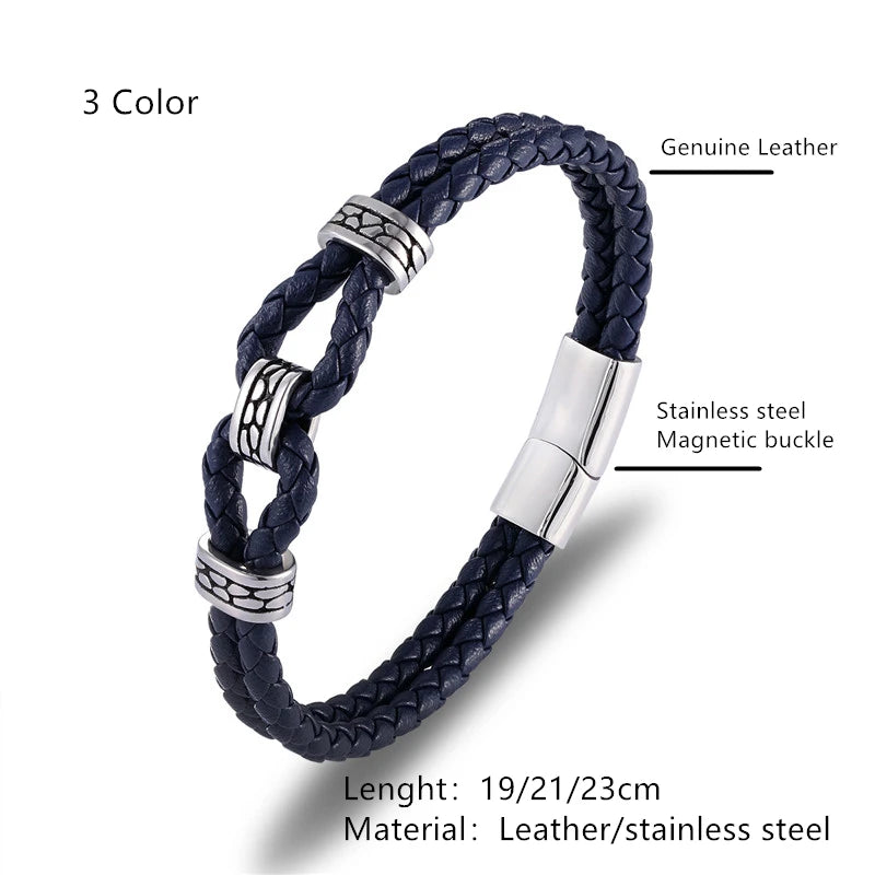 Black Braided Leather Bracelet Multilayer Stainless Steel Design