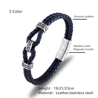 Black Braided Leather Bracelet Multilayer Stainless Steel Design