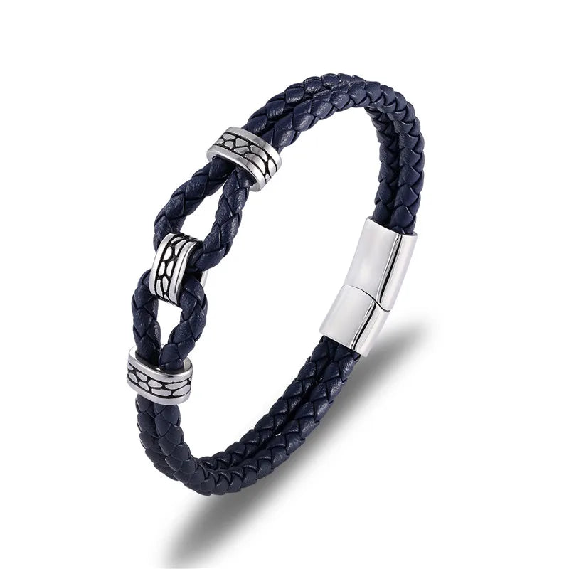 Black Braided Leather Bracelet Multilayer Stainless Steel Design