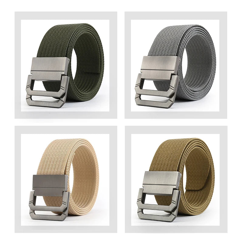 Four different colored belts with silver buckles on a white background