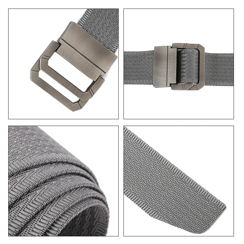 Gray belt with buckle shown from different angles on a white background