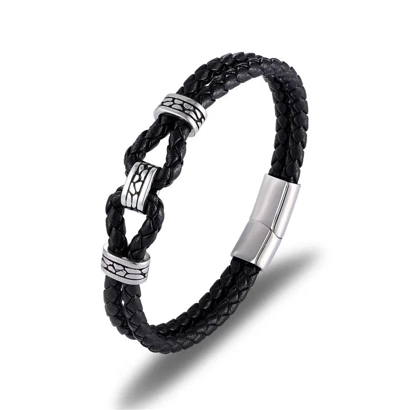 Black Braided Leather Bracelet Multilayer Stainless Steel Design deideas