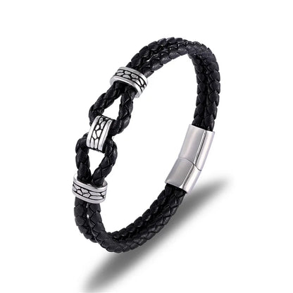 Black Braided Leather Bracelet Multilayer Stainless Steel Design