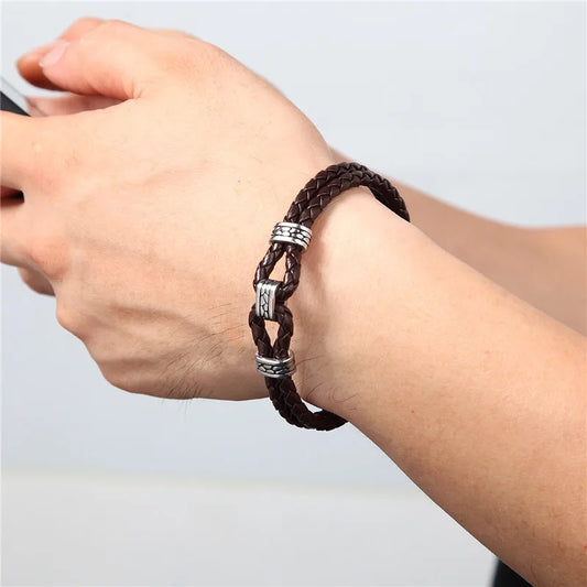 Black Braided Leather Bracelet Multilayer Stainless Steel Design