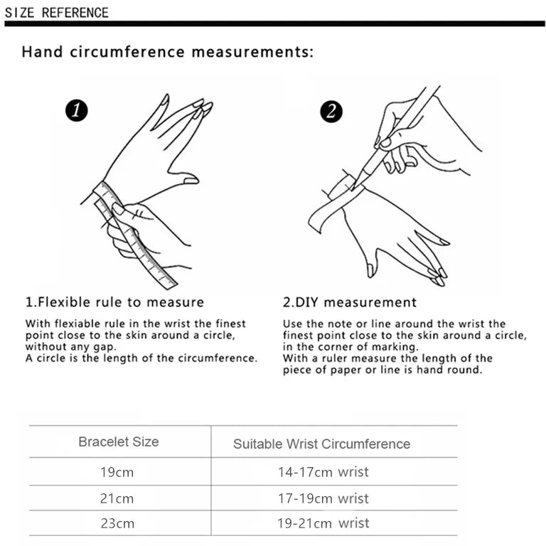 Instructions for measuring hand circumference and bracelet size chart on a white background