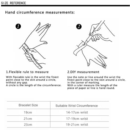 Instructions for measuring hand circumference and bracelet size chart on a white background