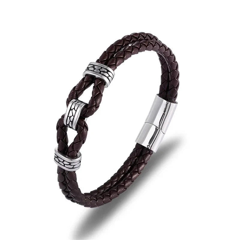 Black Braided Leather Bracelet Multilayer Stainless Steel Design deideas