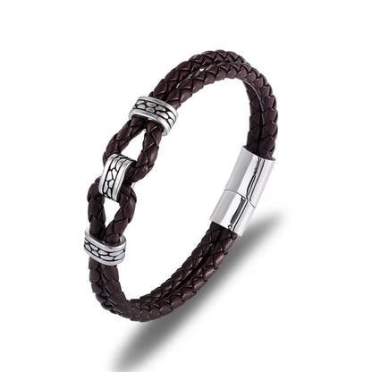 Black Braided Leather Bracelet Multilayer Stainless Steel Design