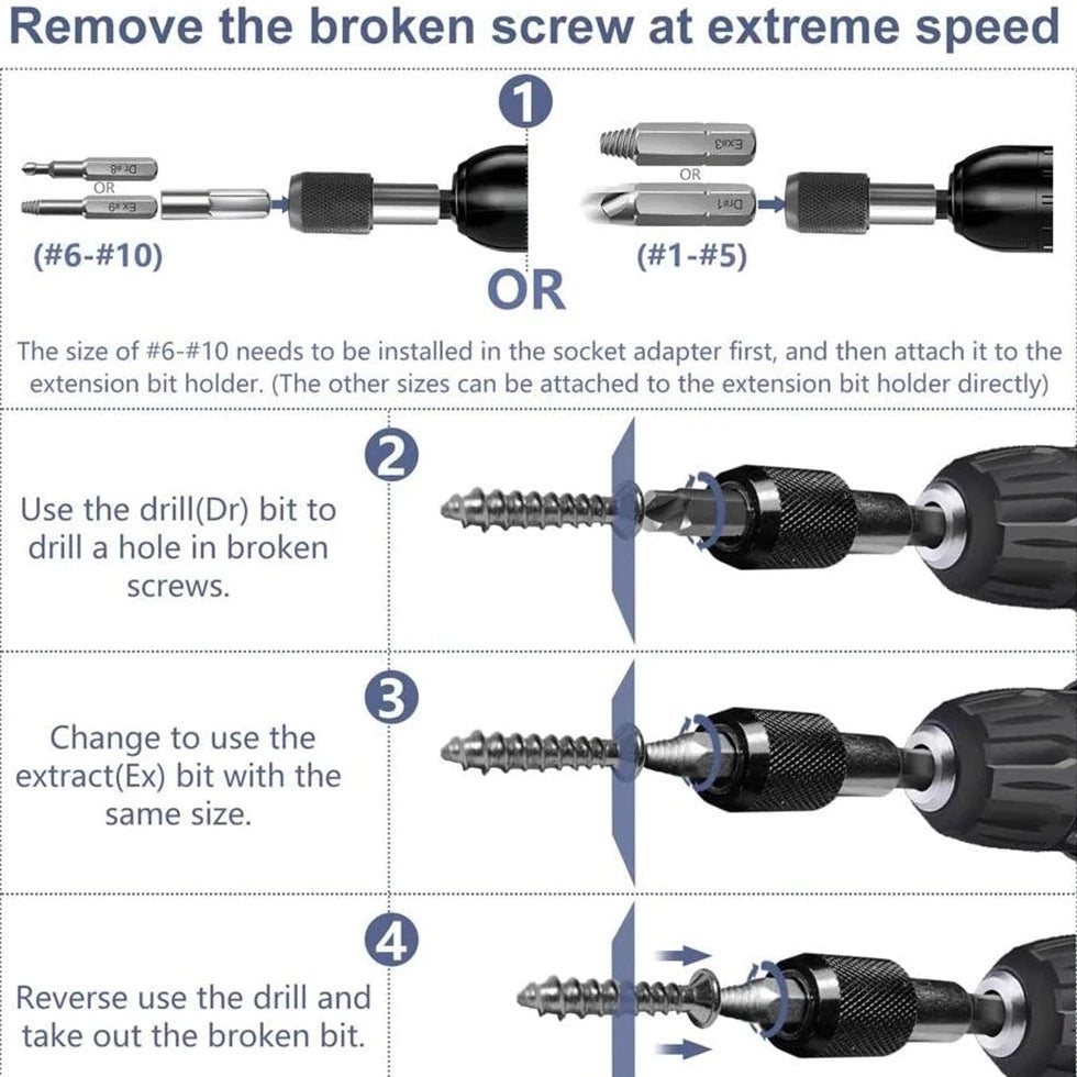 Kit de extracción de tornillos rotos con broca alargadora para todos los usos