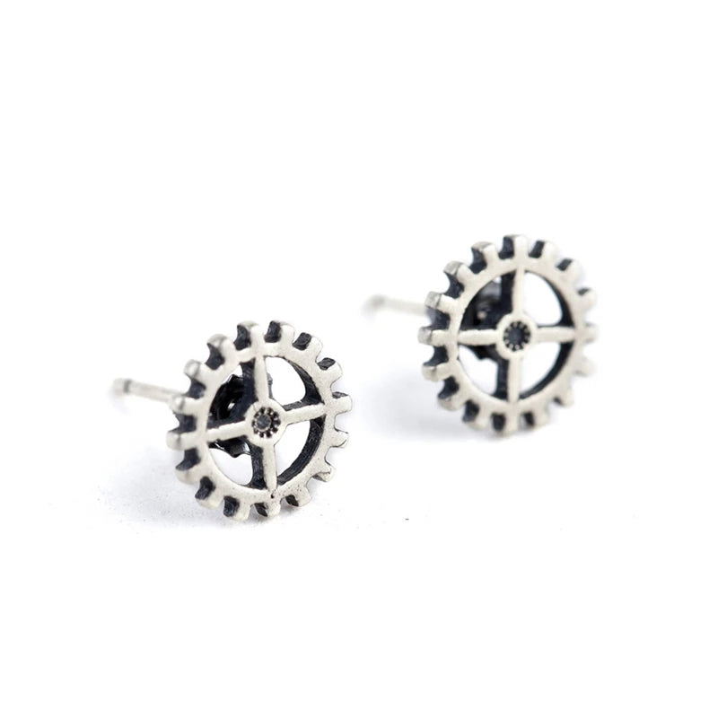 Unisex Steampunk Gear Stud Earrings 925 Sterling Silver Punk Rock Jewelry