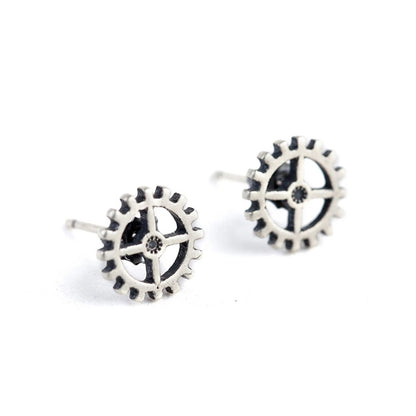 Unisex Steampunk Gear Stud Earrings 925 Sterling Silver Punk Rock Jewelry