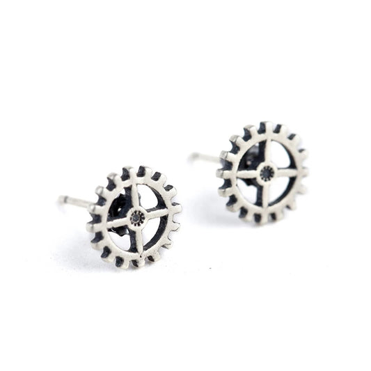 Unisex Steampunk Gear Stud Earrings 925 Sterling Silver Punk Rock Jewelry
