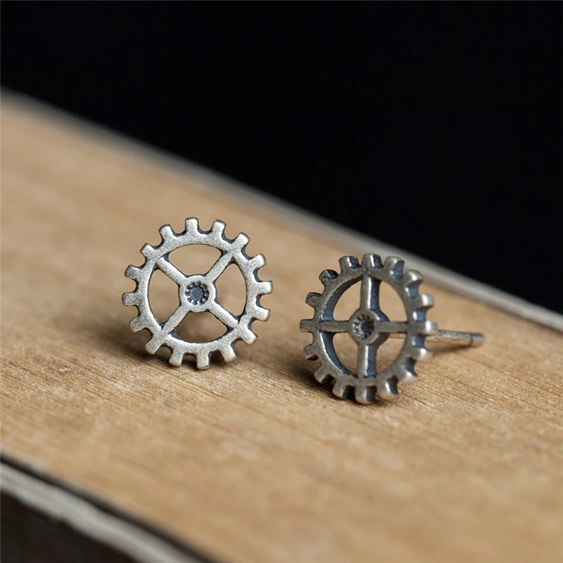 Unisex Steampunk Gear Stud Earrings 925 Sterling Silver Punk Rock Jewelry