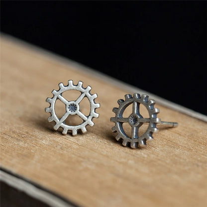 Unisex Steampunk Gear Stud Earrings 925 Sterling Silver Punk Rock Jewelry