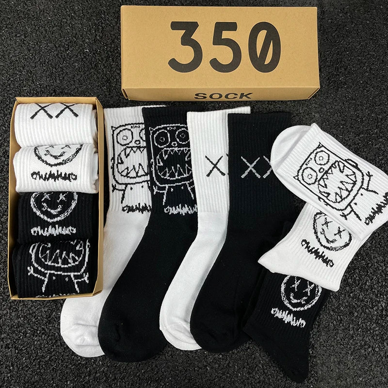 Japanese Cotton Hip Hop Socks - Cartoon Pattern (4 Pairs)