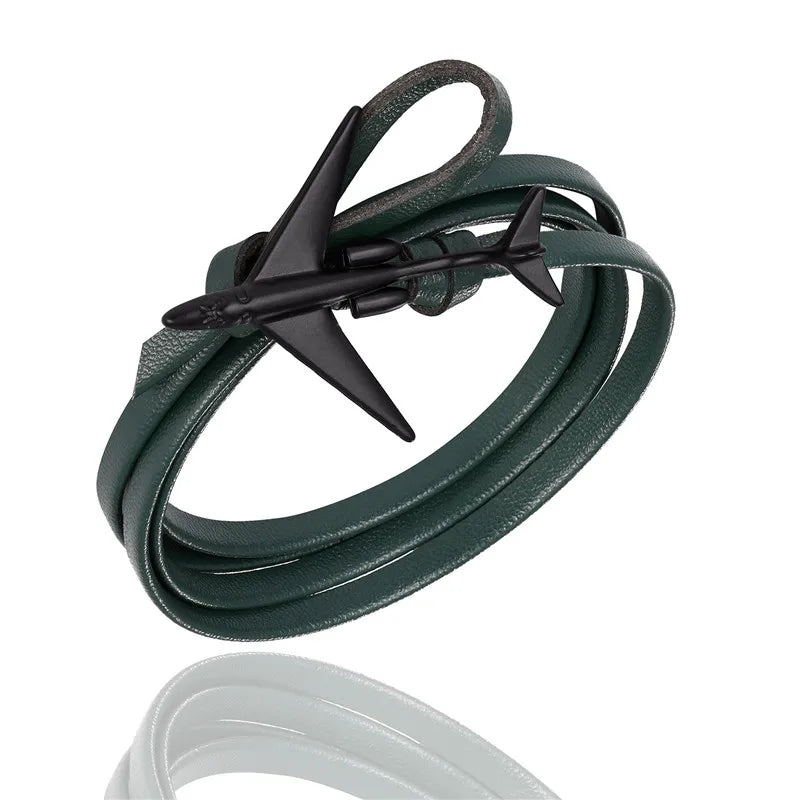 Sky Voyager Leather Bracelet Airplane & Anchor Multilayer Wrap