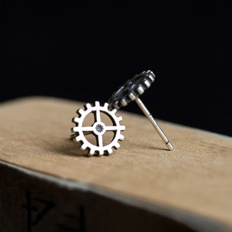 Unisex Steampunk Gear Stud Earrings 925 Sterling Silver Punk Rock Jewelry
