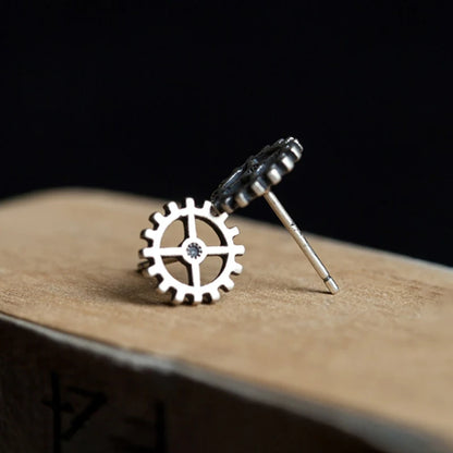 Unisex Steampunk Gear Stud Earrings 925 Sterling Silver Punk Rock Jewelry
