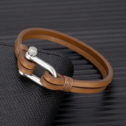 Nautical Double Strap Bracelet Stainless Steel Shackle Closure
