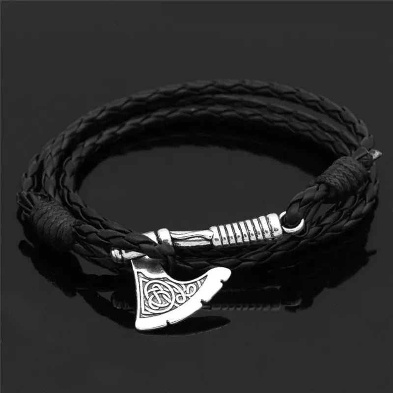 Pulsera de Cuero con Hacha Vikinga - Amuleto de Runa Nórdica, Aleación de Zinc, Ajustable