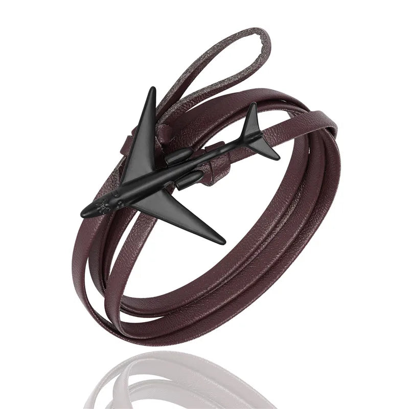 Sky Voyager Leather Bracelet Airplane & Anchor Multilayer Wrap
