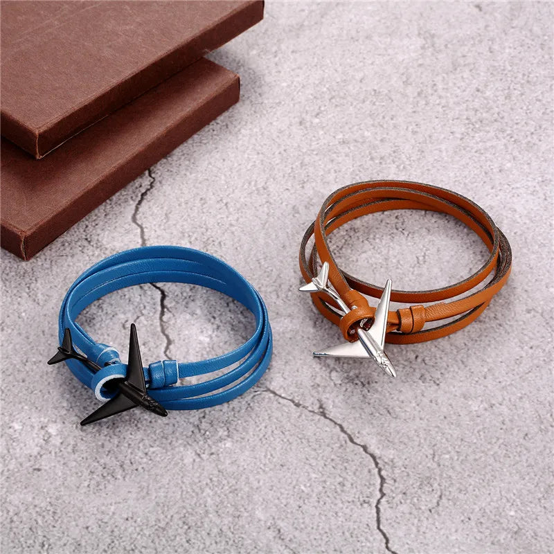 Sky Voyager Leather Bracelet Airplane & Anchor Multilayer Wrap