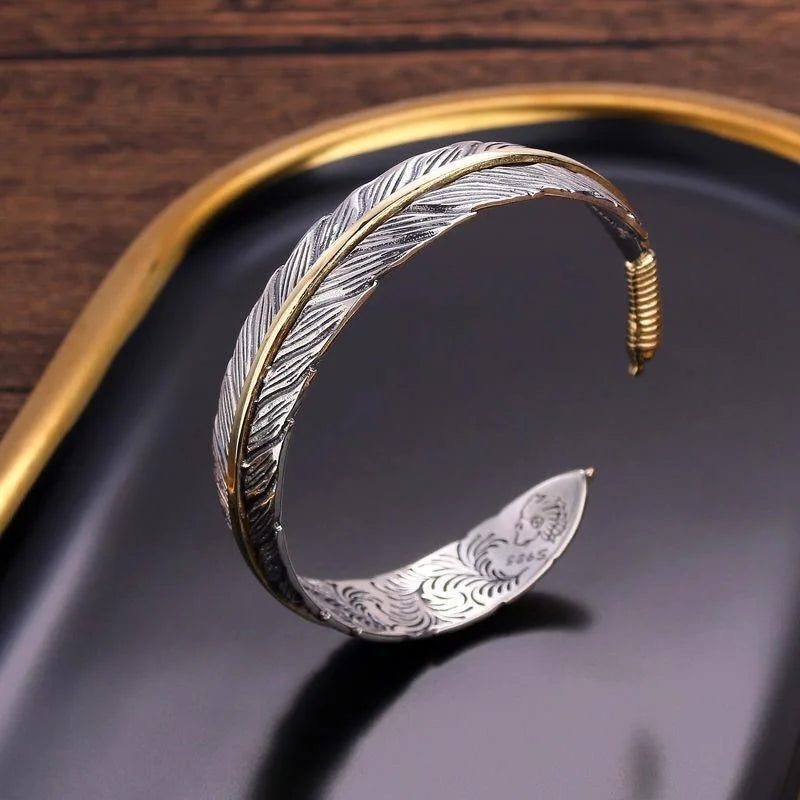 Feather Cuff Bracelet Adjustable Metal Bangle for Men & Women
