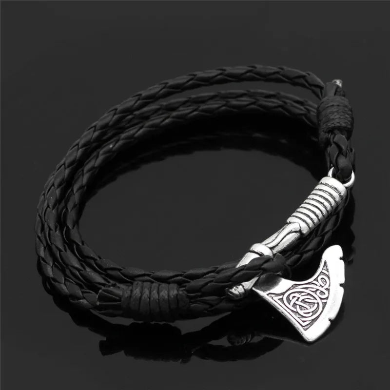 Pulsera de Cuero con Hacha Vikinga - Amuleto de Runa Nórdica, Aleación de Zinc, Ajustable