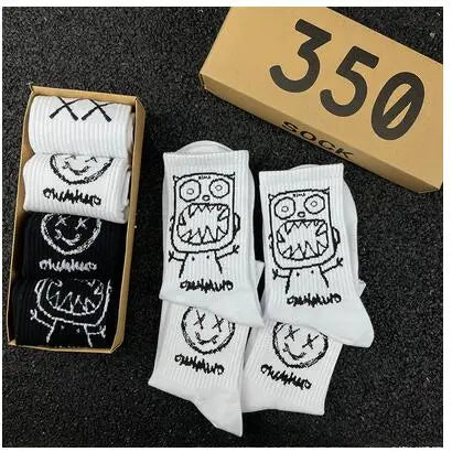 Japanese Cotton Hip Hop Socks - Cartoon Pattern (4 Pairs)