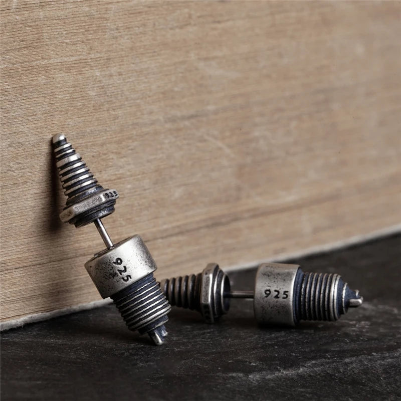 Sterling Silver Spark Plug Stud Earrings Biker-Inspired Steampunk & Cyberpunk Jewelry