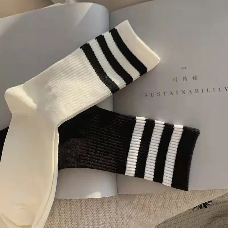Calcetines de algodón a rayas con cuello redondo - Jacquard, 8 colores, unisex UE 36-43, estilo skate urbano