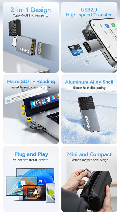 Dual-Interface Card Reader - USB-C & USB 2.0 to MicroSD/TF Adapter for Tech Professionals