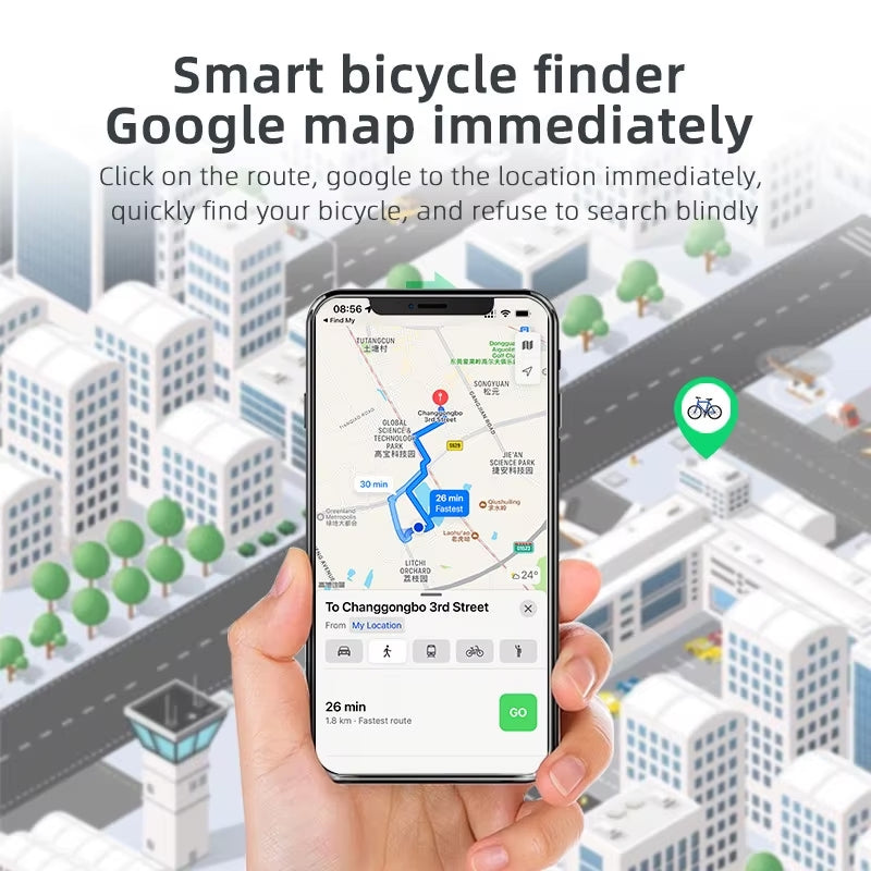Smart bicycle finder app on a smartphone with a cityscape background